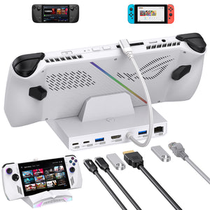 USB C Docking Station for Steam Deck, ROG Ally, Legion Go, Switch, AYANEO - White with RGB Light