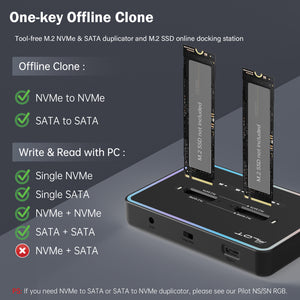 M.2 Duplicator Cloner Dual-Bay Offline USB C to NVME SATA Docking Station - Pilot NN/SS RGB